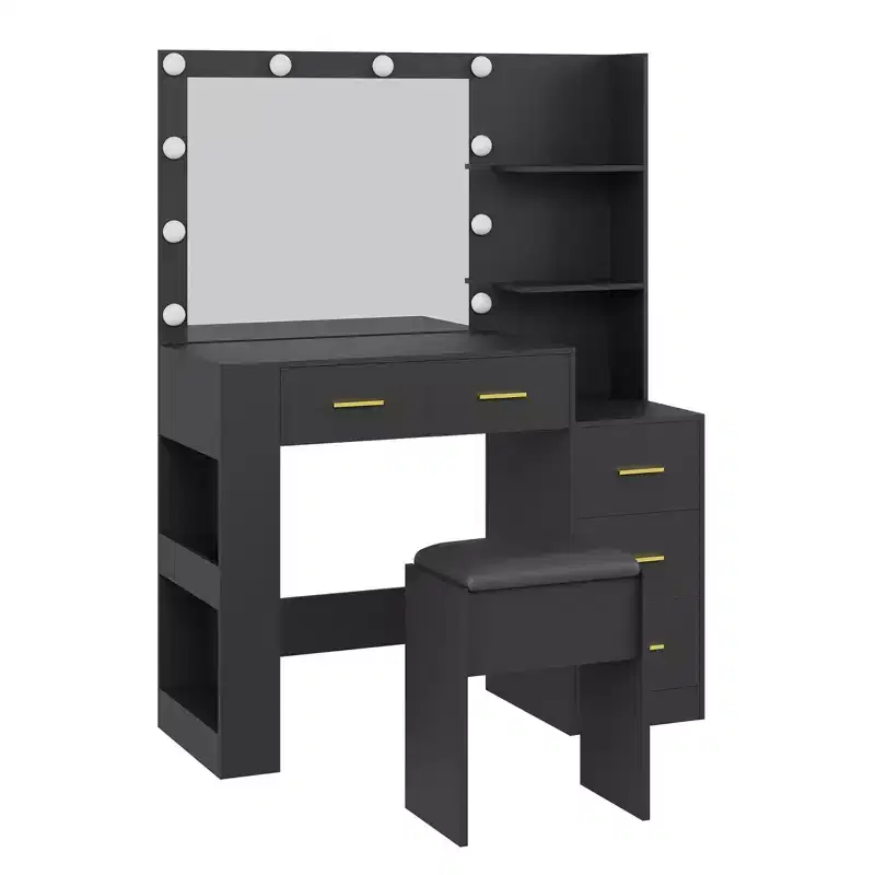 Makeup Vanity with Mirror and Stool, White Vanity Table with 5 Drawers, Dressing Table Set for Bedroom