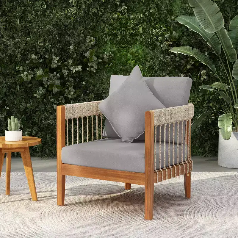 Christopher Knight Home Clifton Patio Rustic Acacia and Rope Upholstered Club Chair with Curved Back