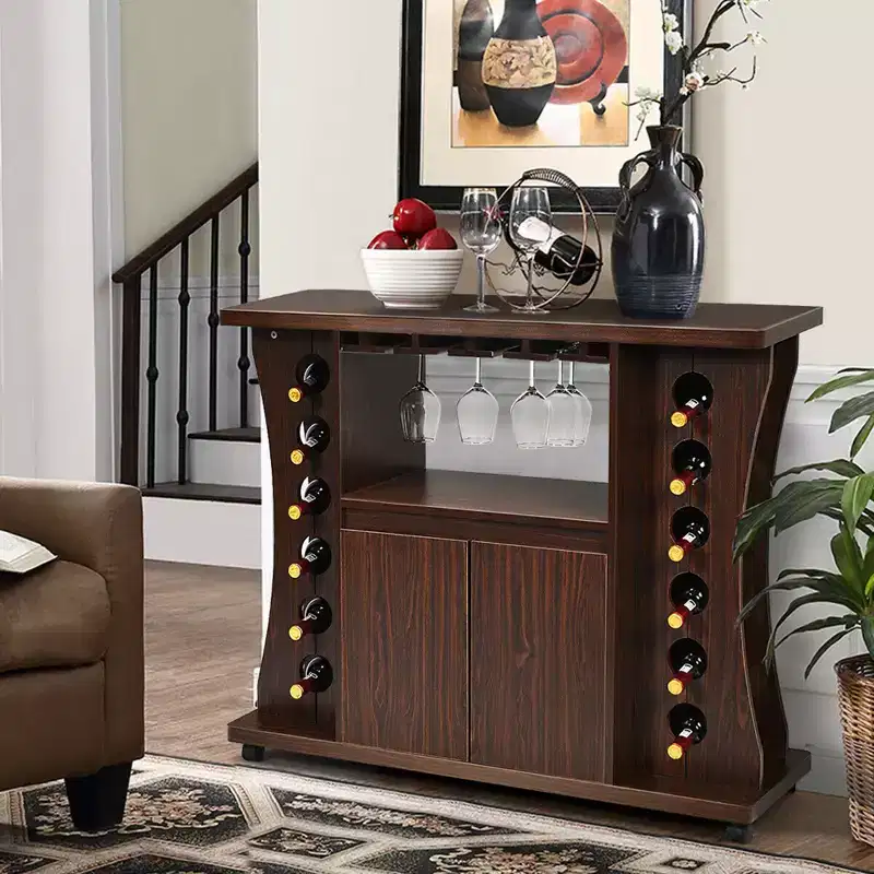 Rolling Buffet Sideboard Wooden Bar Storage Cabinet with Wine Rack & Glass Holder