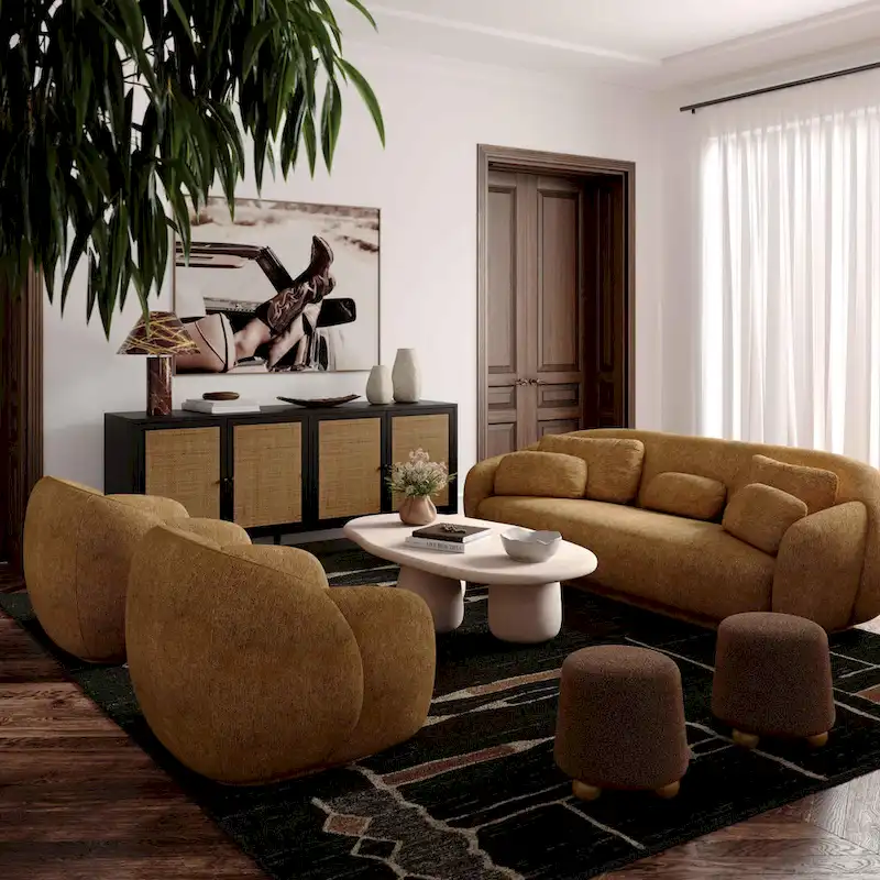 Boucle Upholstered Stool with Solid Wood Legs