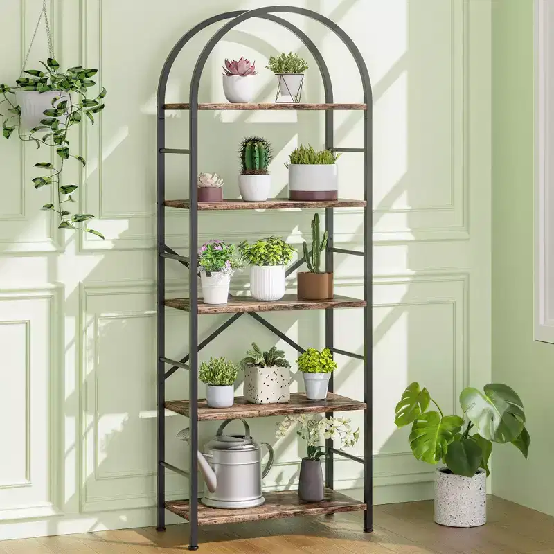 Celebalcony Bookshelf, Arched Bookshelf 5 Tier Bookcase, Tall Shelf for CDs/Books, Home Office Shelf Storage Organizer, for Bedroom/Living Room, Brown