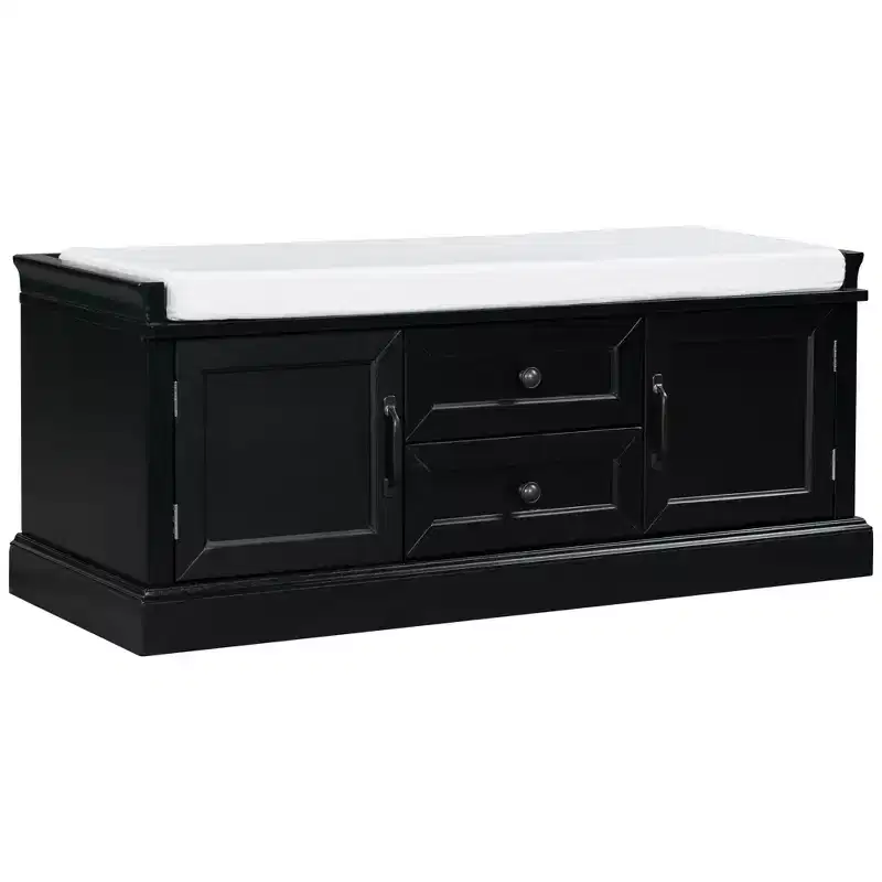 Black Storage Bench with 2 Drawers & 2 Cabinets – Cushioned Shoe Bench for 1 Person