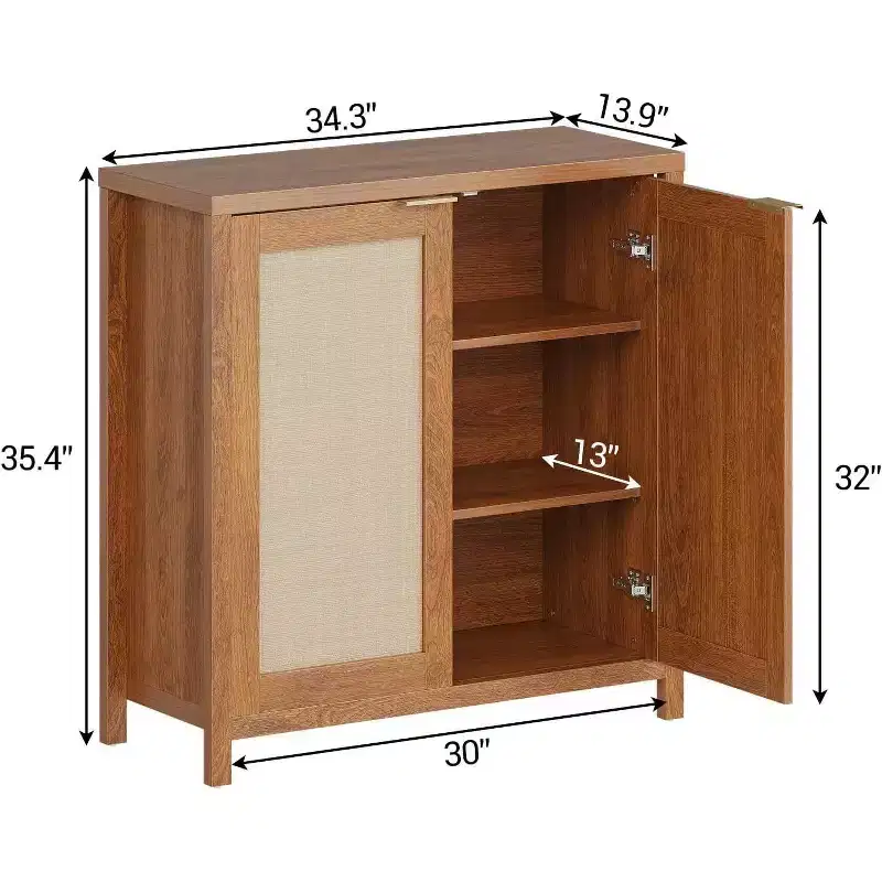 Wooden Sideboard Buffet Storage Cabinet with Rattan Paneled Doors, Adjustable Shelves Kitchen Cupboard Console Table, Perfect for Dining Room