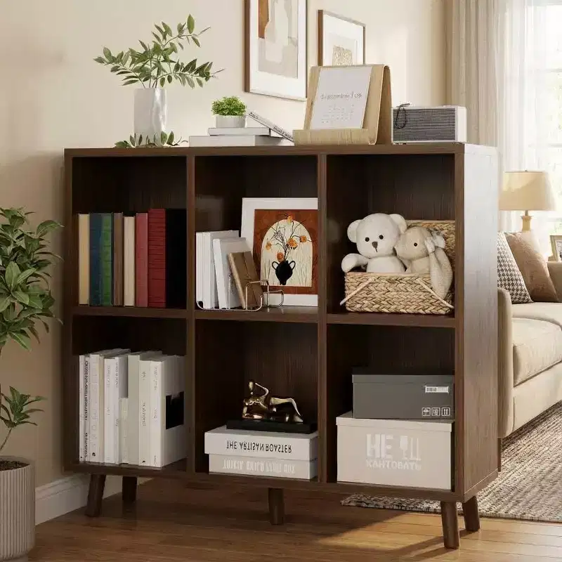 6-Cube Bookcase - Low 2-Tier Wood Storage Shelf in Retro Brown for Home Office/Living Room