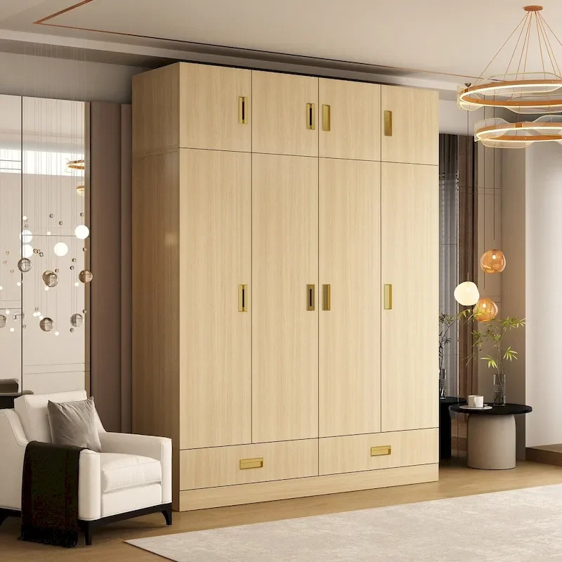 Wooden Wardrobe Closet with Gold Handles – Natural Wood, Adjustable Shelves & Hanging Rod, Single