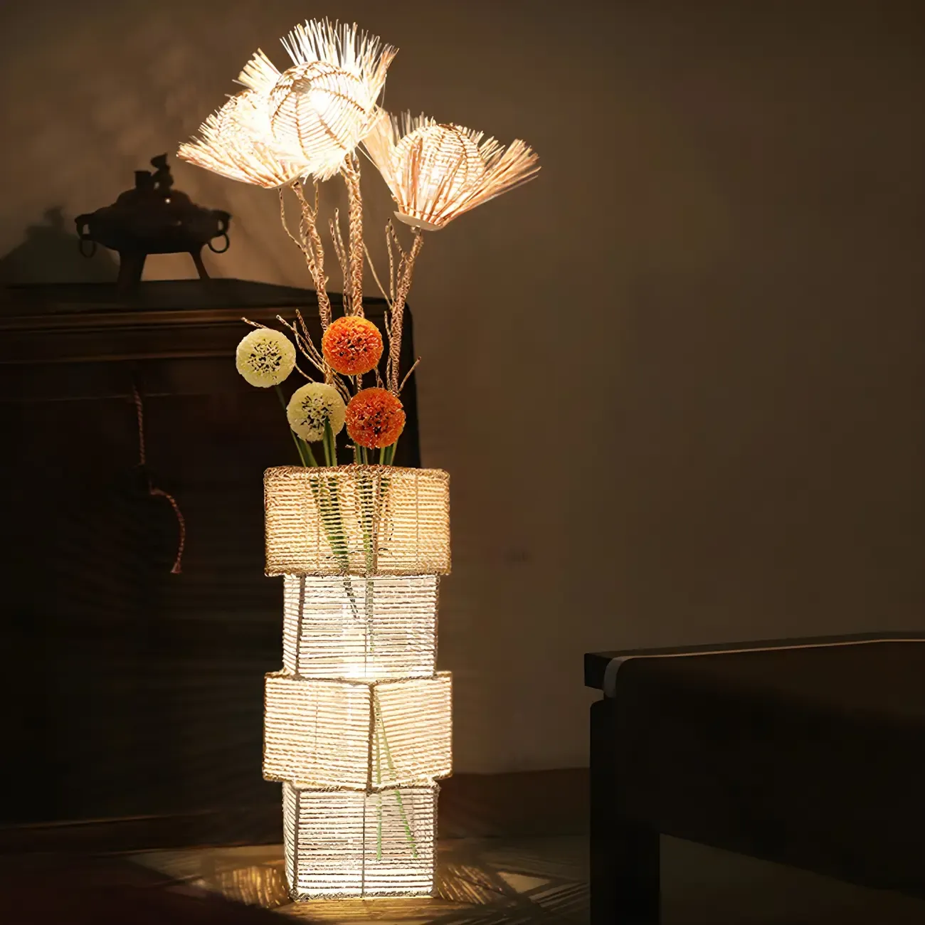 Plug In Column LED Rattan Floor Lamp for Living Room
