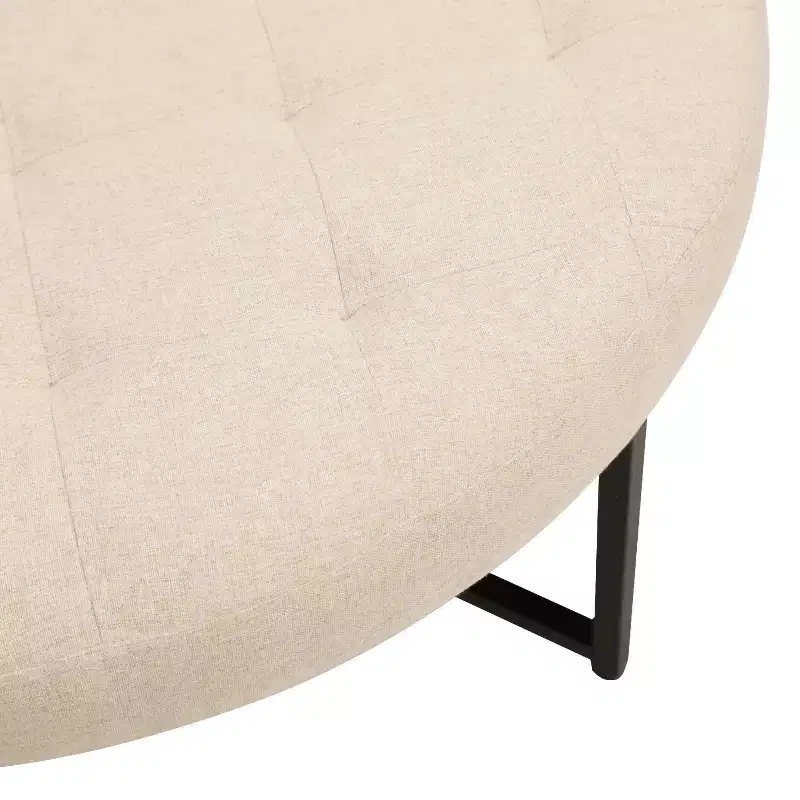 34 Round Cotton Linen Tufted Ottoman with Metal Frame