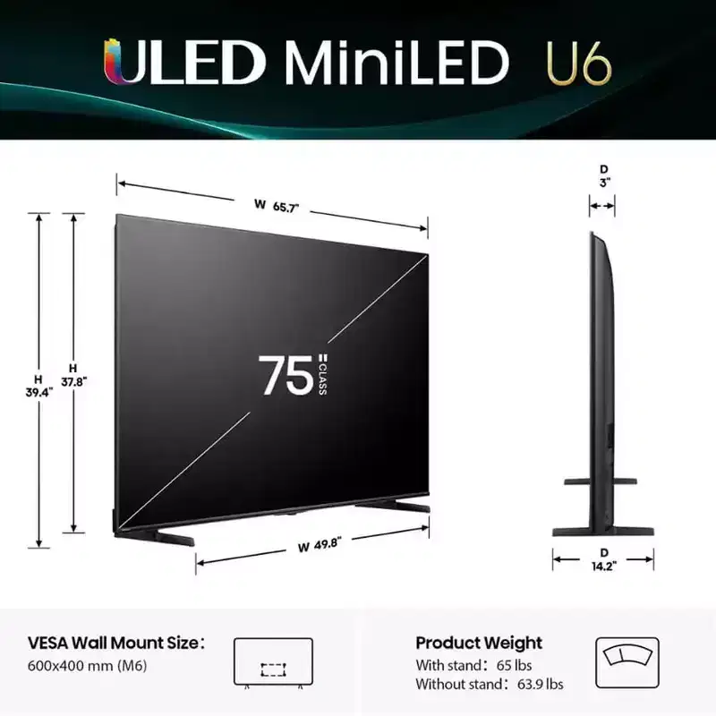 Hisense 75U65QF 75 inch Class U6 Series 4K Mini-LED QLED UHD Smart Fire TV