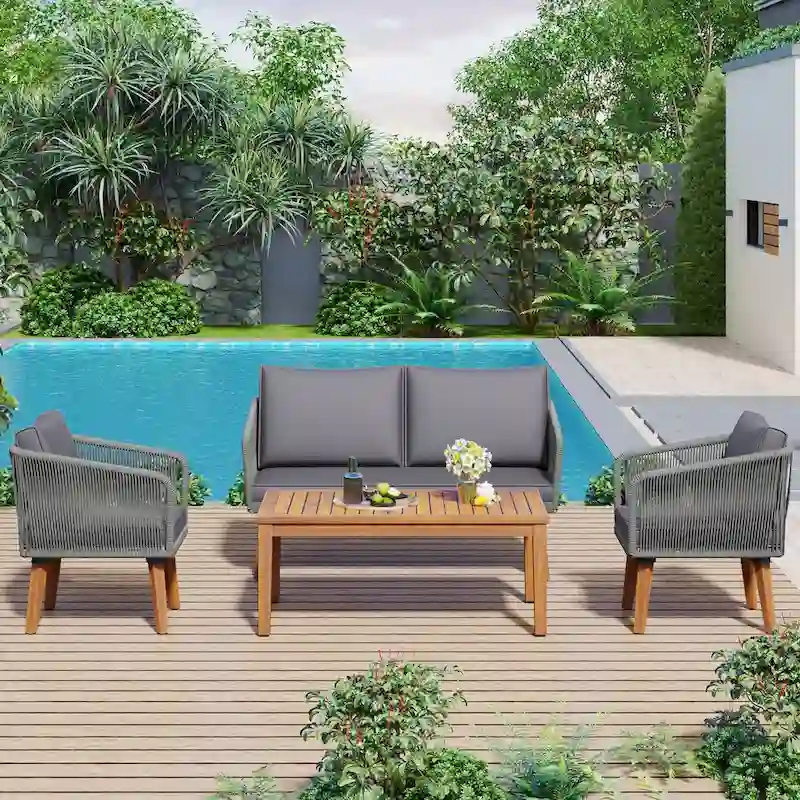Mid-Century Modern 4-Piece Patio Set: Acacia Wood Loveseat, Chairs & Table