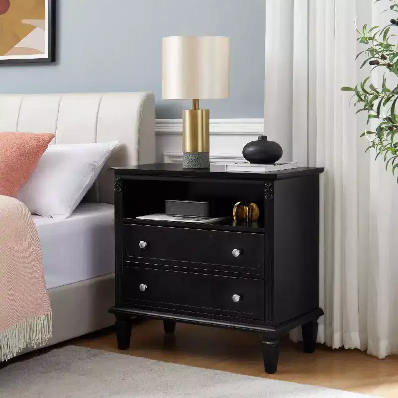 End Table with 2 Drawers and Open Shelves, Vintage Side Table Bedside Tables with USB Ports and Outlets, Wood Legs Support, Nightstand