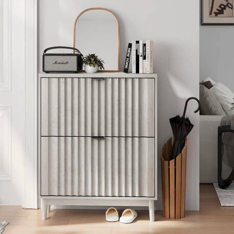 Shoe Cabinet with 2 Flip Drawers, Fluted Shoe Storage Cabinet for Entryway, Free Standing Shoe Storage Organizer with Wave Doors