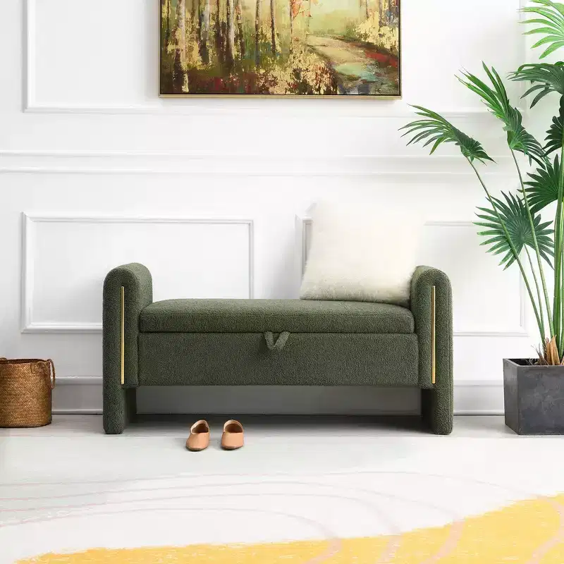 TUYOHW Modern Bed End Bench with Arms and Storage, Upholstered Large Foot Rest Stool, Comfy Window Vanity Bench for Living Room, Olive Green
