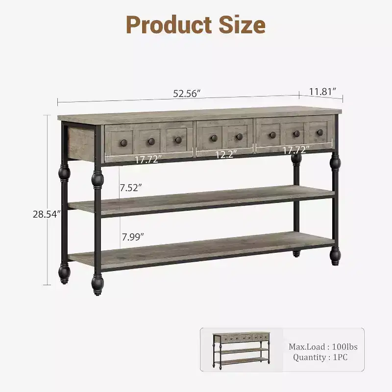 52-Inch Industrial Console Table with 3 Drawers, 3-Tier Entryway and Sofa Table, Metal Frame Behind Couch Table, Hallway Storage Table