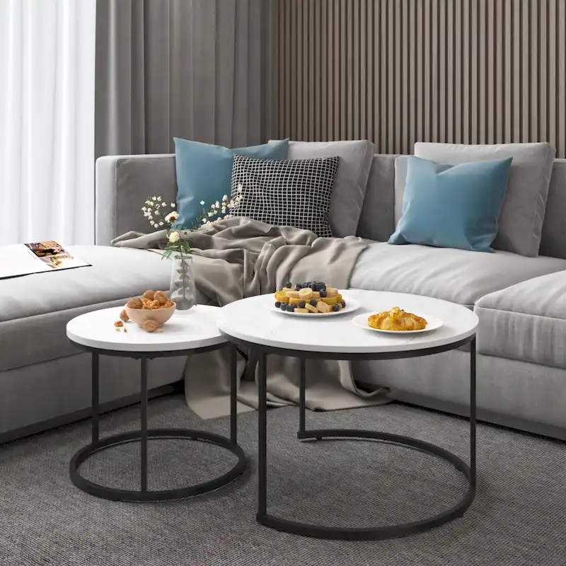 Nesting Coffee Table Set of 2, 27.6inch Round Coffee Table Wood Finish with Sturdy Metal Frame,End Table Side Tables