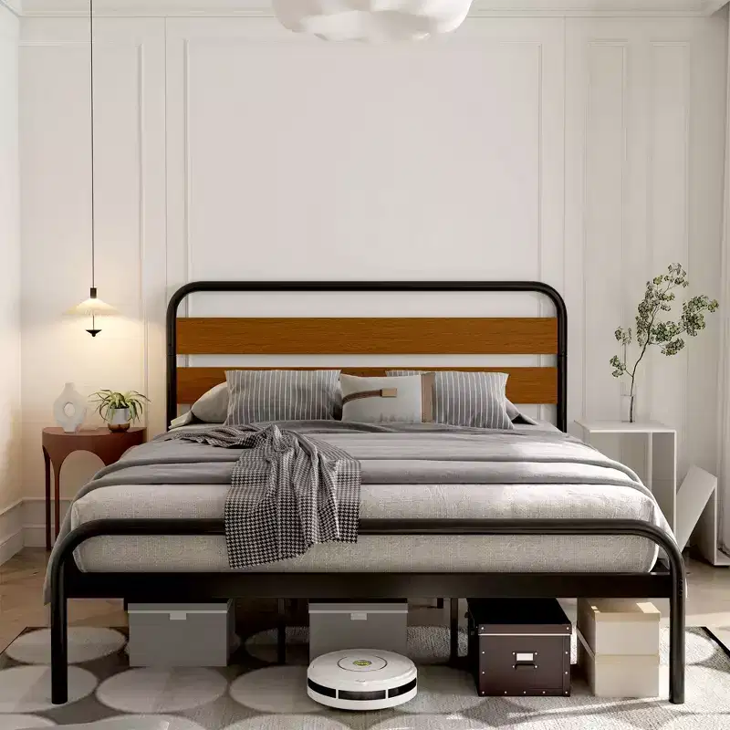 King Size Industrial Platform Bed Frame with Wooden Headboard & Metal Slat Support