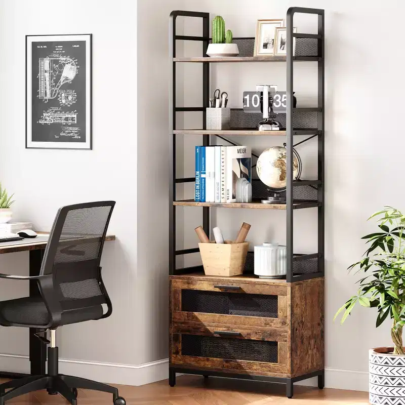70.87 Tall Bookshelf with Drawers Industrial Bookcase with 4 Tiers Open Storage Shelves for Bedroom, Living Room, Home Office, Brown