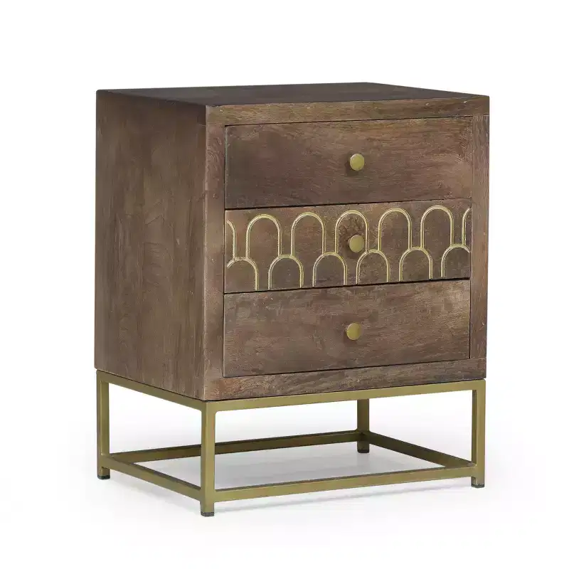 3-Drawer Mango Wood Nightstand with Gold Fish Scale Pattern & Iron Legs, Mid-Century Modern