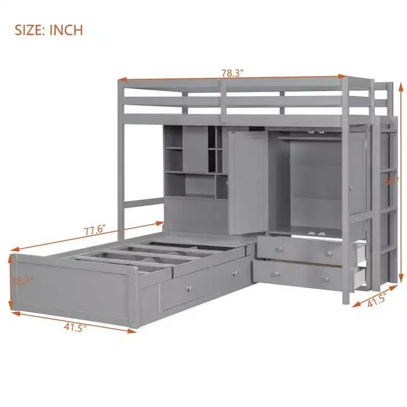 Twin Bunk Bed with Wardrobe and Drawers, Loft Bed Frame with Storage Shelves and Hydraulic Bed for Kids Adults