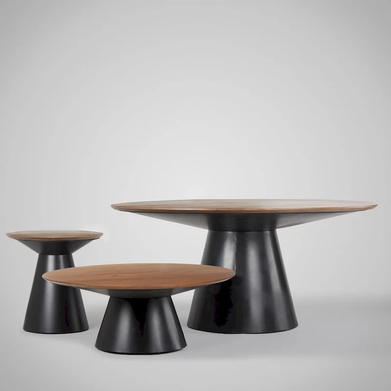 Round Coffee Table with Solid Wood Top and Cast Iron Base