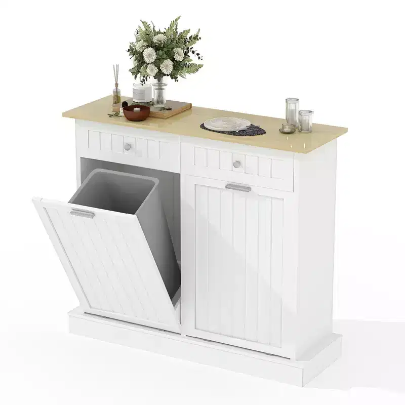 20 Gallons Tilt Out Trash Cabinet, 2 Door Wood Garbage Recycling Cabinet with Drawer, Freestanding Pet Proof Trash Bin for Kitchen Living Room