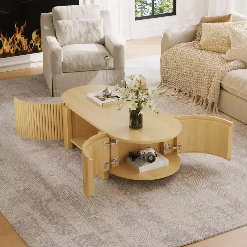 47 Modern Coffee Table, Wooden Oval Center Table with Storage, Accent Fluted Cocktail End Table for Living Room Bedroom Office