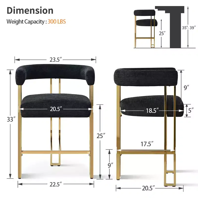 Set of 3 Counter Height Bar Stools with Backs and Arms, Modern Chenille Upholstered Kitchen Island Chairs with Gold Metal Legs - Panipeachy