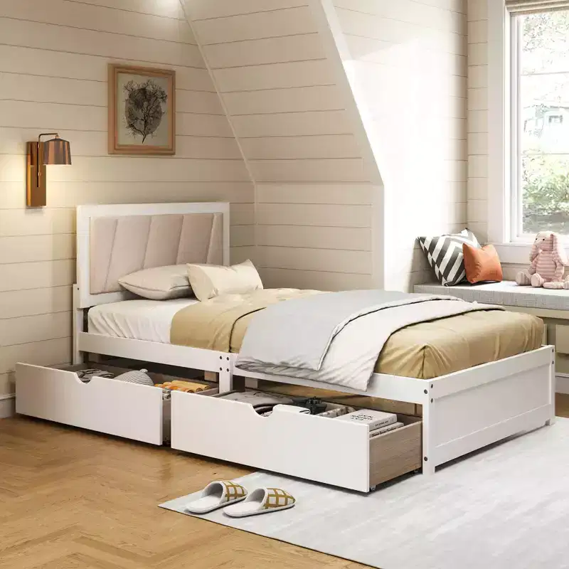 Twin Size Bed Frame with 2 Storage Drawers, Upholstered Headboard, Wood Structure