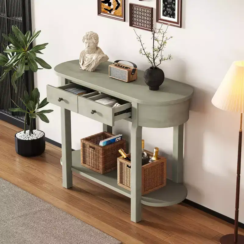 Okak Elegant Console Table with Smooth Glaze, Entry Table with Curved Design and 2 Drawers, Accent Table for Living Room, Hallway