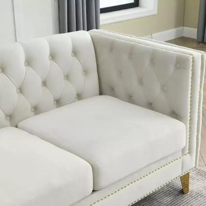 Button-Tufted Velvet 2-Seater Sofa with Square Arms & Metal Legs, Nailhead Trim