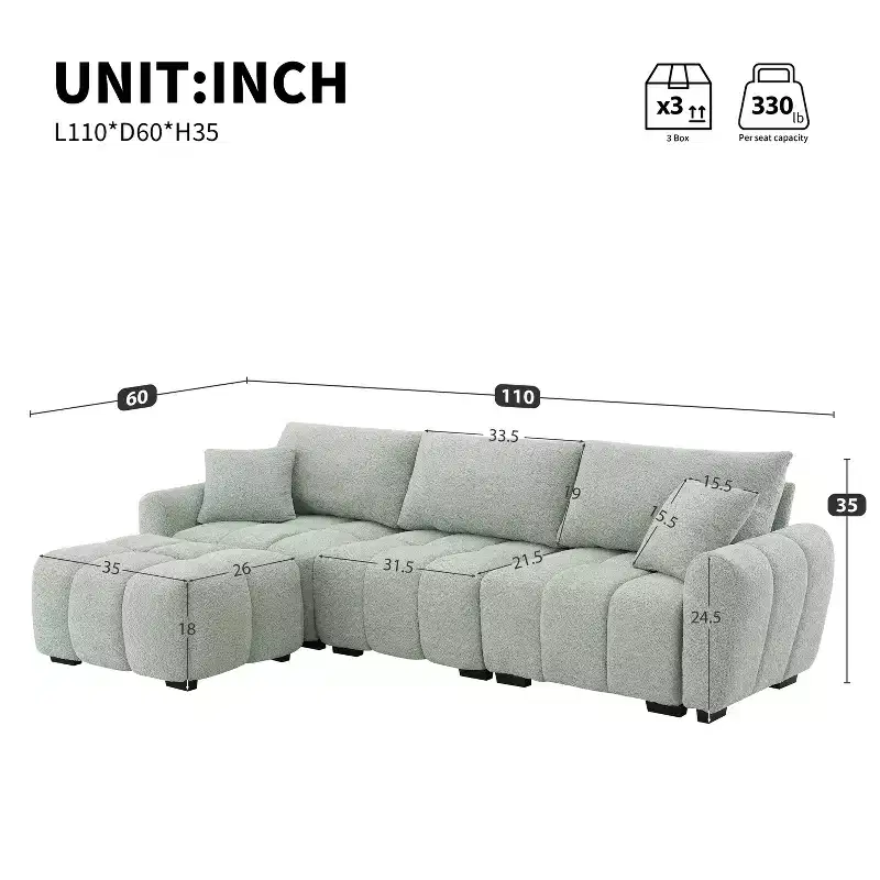 110 L-Shaped Modular Sectional Sofa with Extra-Large Seat, Pull-Line Cushion, Ottoman, Boucle Upholstery, 4-Seat