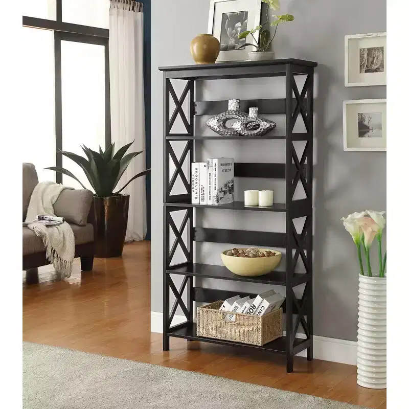 Black 5-Tier Bookcase, X-Pattern Design, 1-Person Assembly