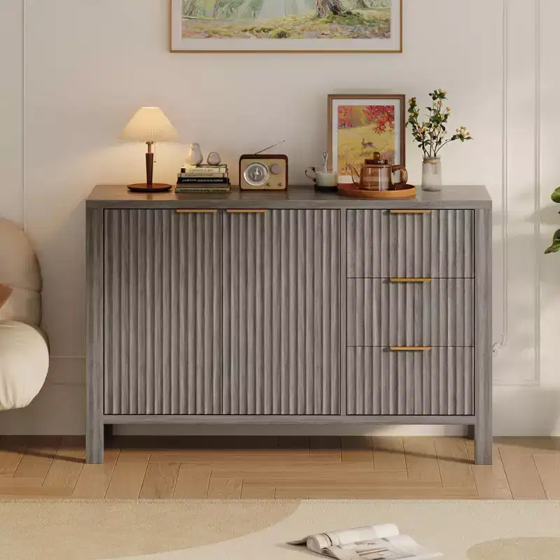 47 Inch Fluted Sideboard Buffet Cabinet, Coffee Bar Cupboard Wooden Credenza with 3 Drawers for Kitchen, Living Room, or Entryway