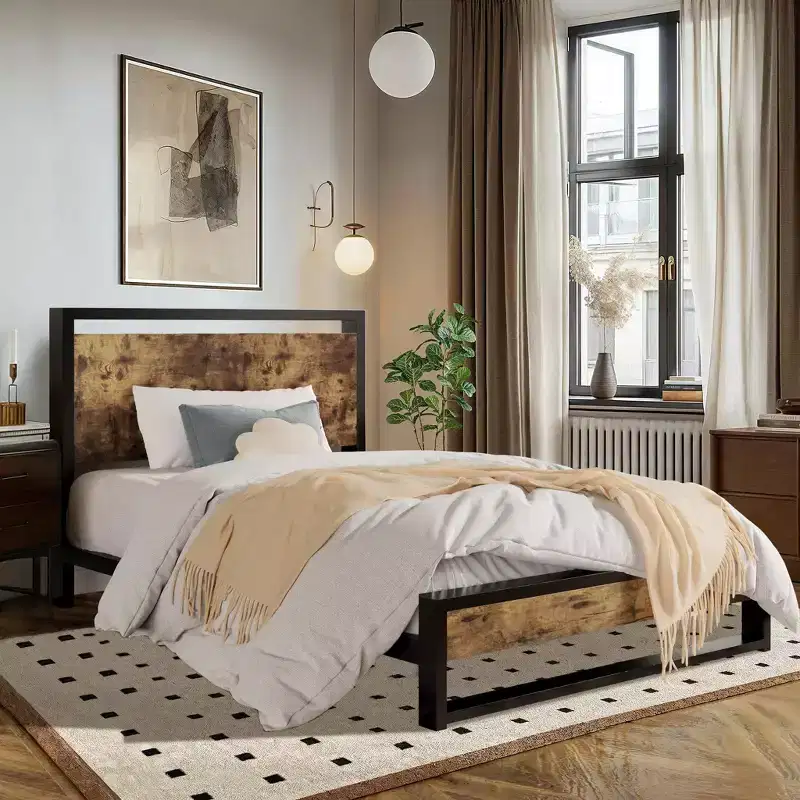 Metal Bed Frame with Rustic Headboard & Footboard, Sturdy Frame Construction, No Box Spring Needed