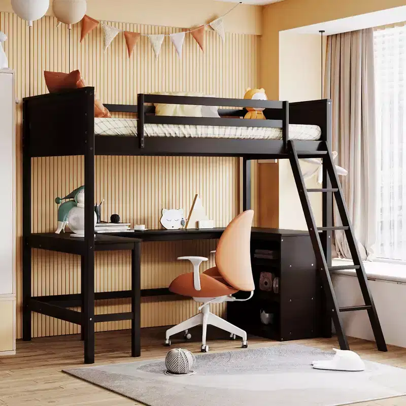 High Twin size Loft Bed with Desk, Wooden Loft Bed Frame with Storage Shelves