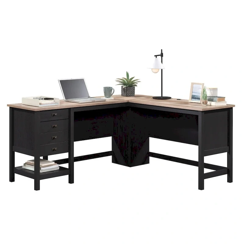 Farmhouse L-Shaped Desk with 2 Drawers | File Storage | Open Shelf | Cord Grommets | 4 Color Options