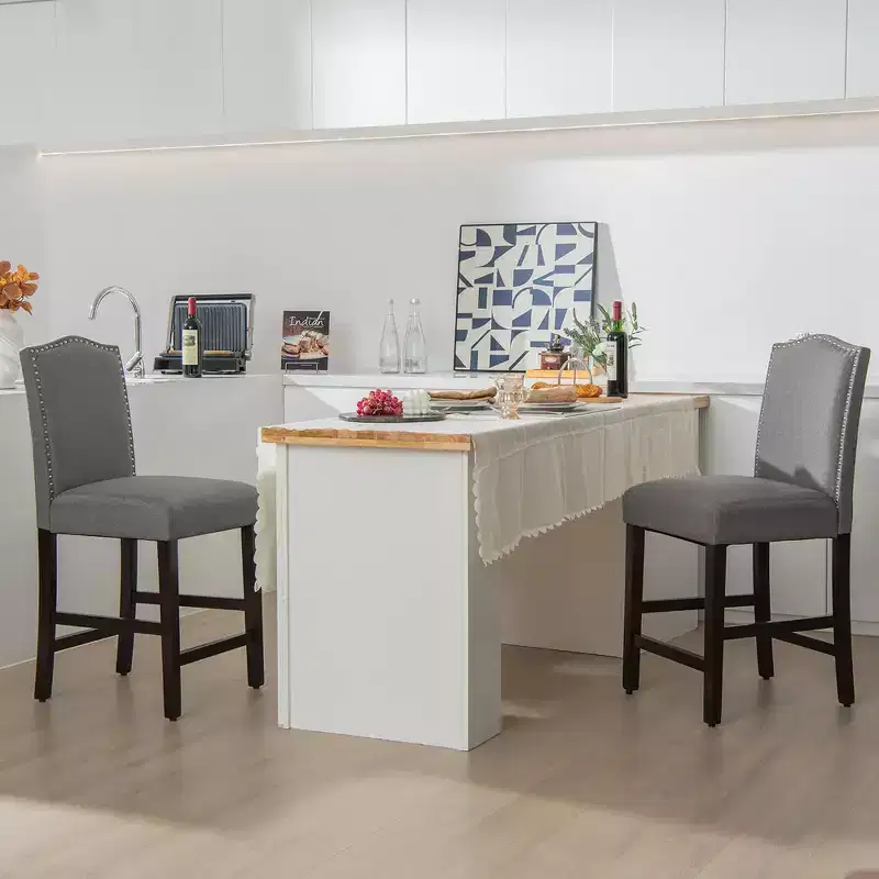 Costway Set of 2 Fabric Barstools Nail Head Trim Counter Height Dining Side Chairs Grey/Beige