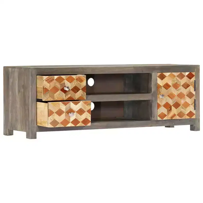 vidaXL Solid Mango Wood TV Stand/Media Cabinet with Two Drawers and One Door, Mid-Century Design, Gray and Brown, 47.2x11.8x15.7