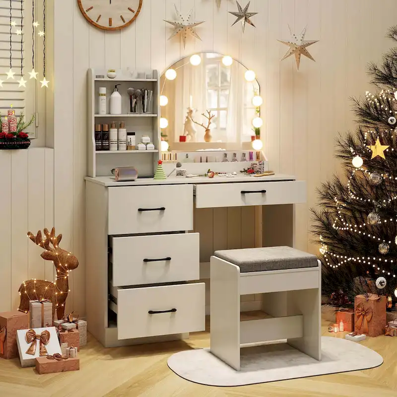 Vanity Set with LED Mirror and Lights, Dressing Table and Cushioned Stool