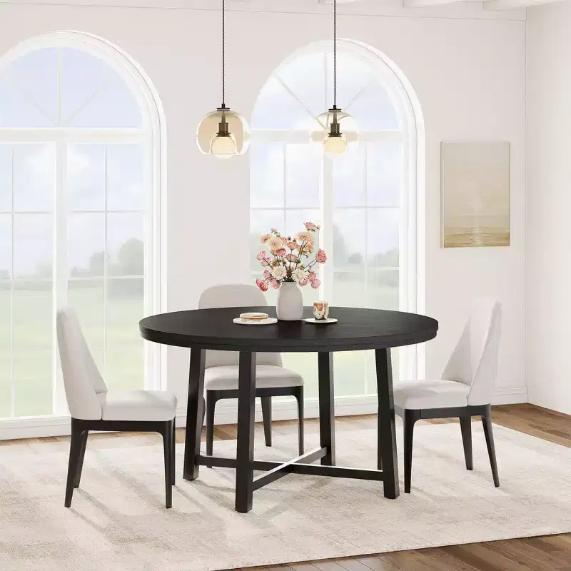 Coolmee 47 inch Round Dining Table, Industrial Dinner Table for 4 to 6, Wooden Kitchen Table with Sturdy Metal Frame (No Chairs)