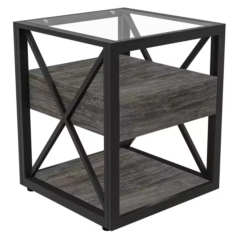 Modern Industrial End Table with Drawer & Tempered Glass Top