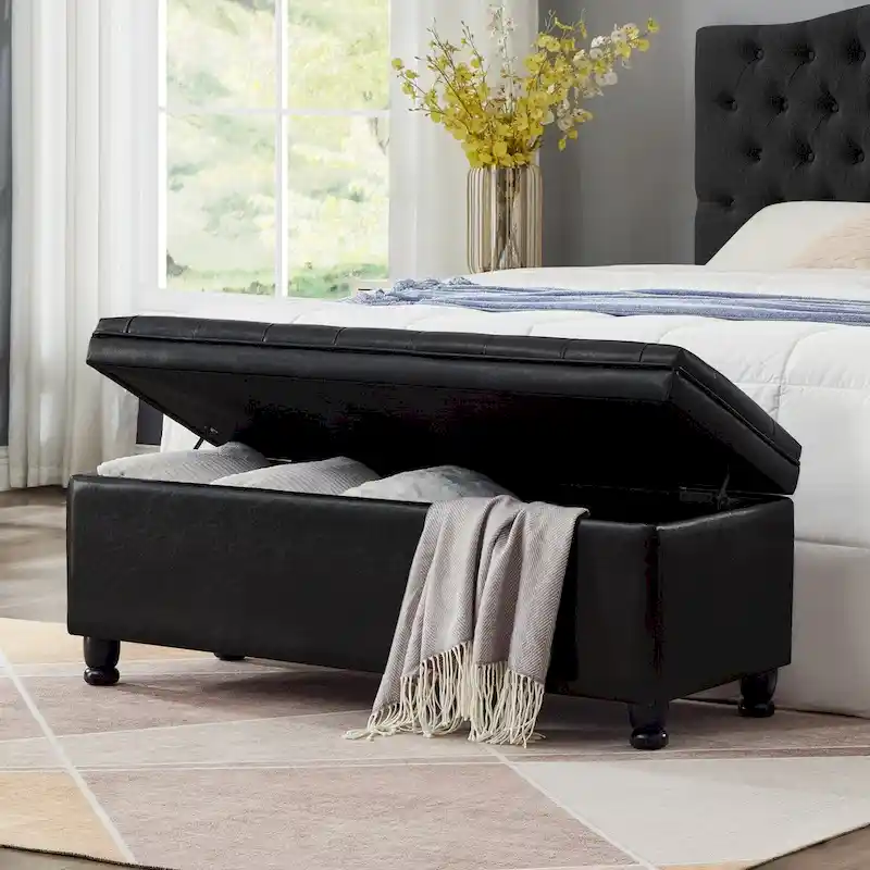 Upholstered Tufted Button Storage Bench with Spindle Wooden Legs - 45x18x18H
