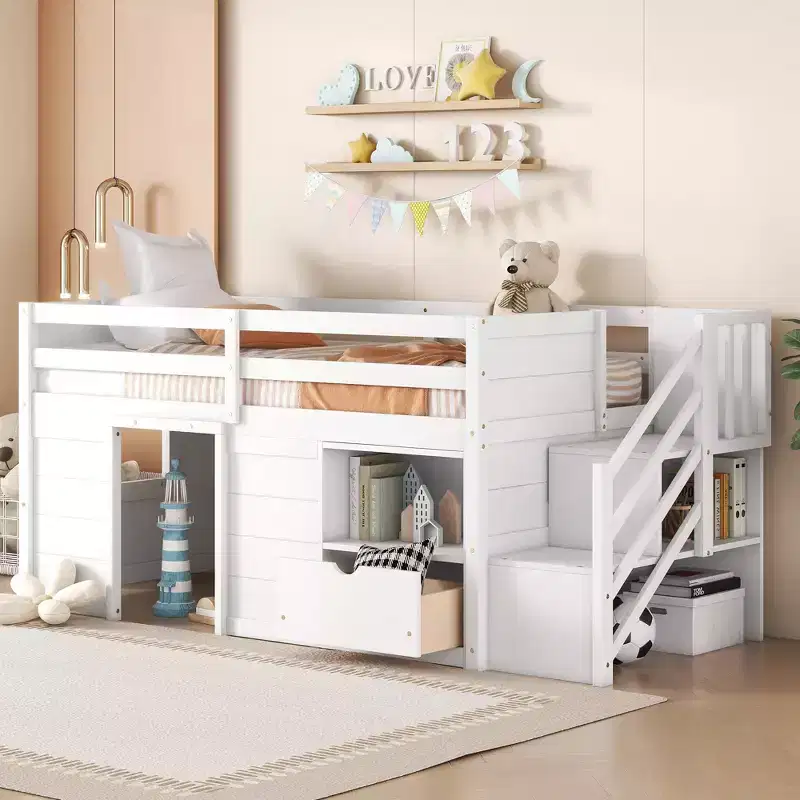 94.56IN Twin Size Kids Loft Bed with Drawers and Shelves, Bunk Bed with Ladder and Safety Guardrail, Bed Frames for Kids Room