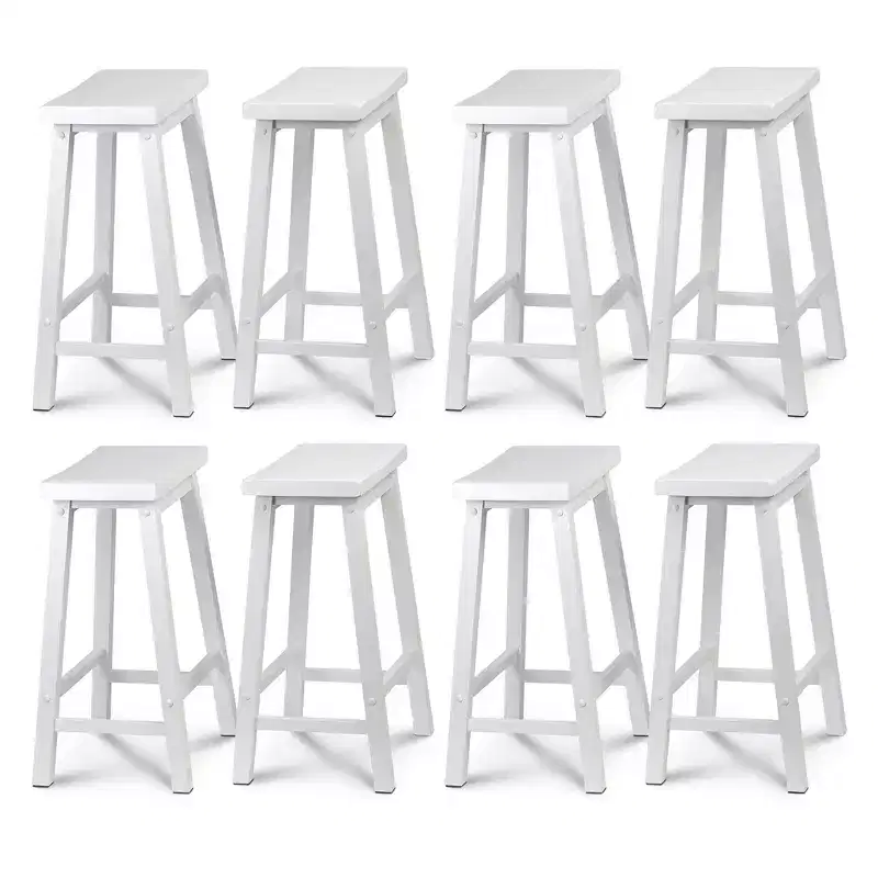 PJ Wood Classic Saddle Seat 24 Inch Tall Kitchen Counter Stools, White (8 Pack)