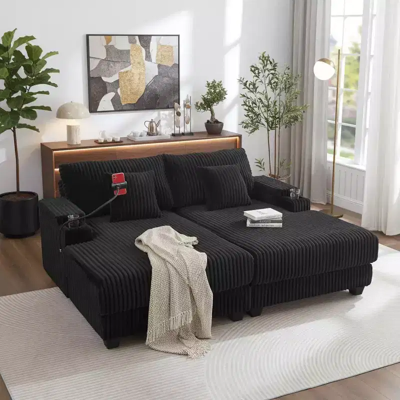 Polibi Chaise Lounge Sofa with Built-In Storage, Cup Holders & Phone Holder