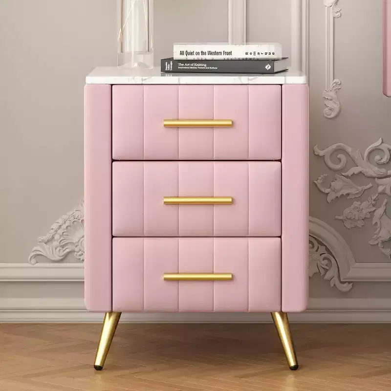 Upholstered Wooden Nightatand with 3 Drawers Metal Legs Handles for Bedroom Pink