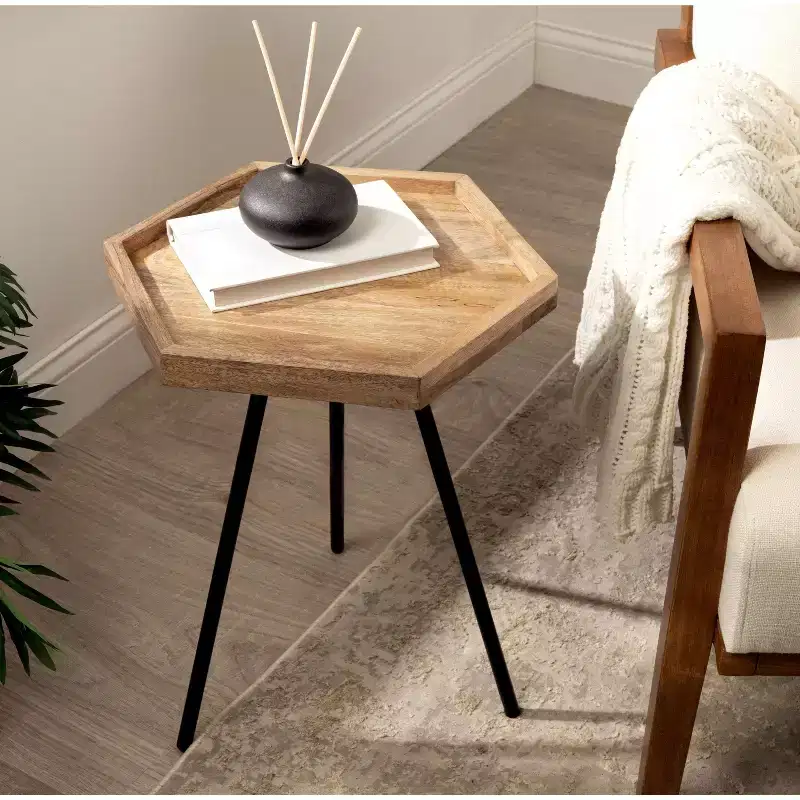Hexagon Side Table with Black Metal Frame & White Basin