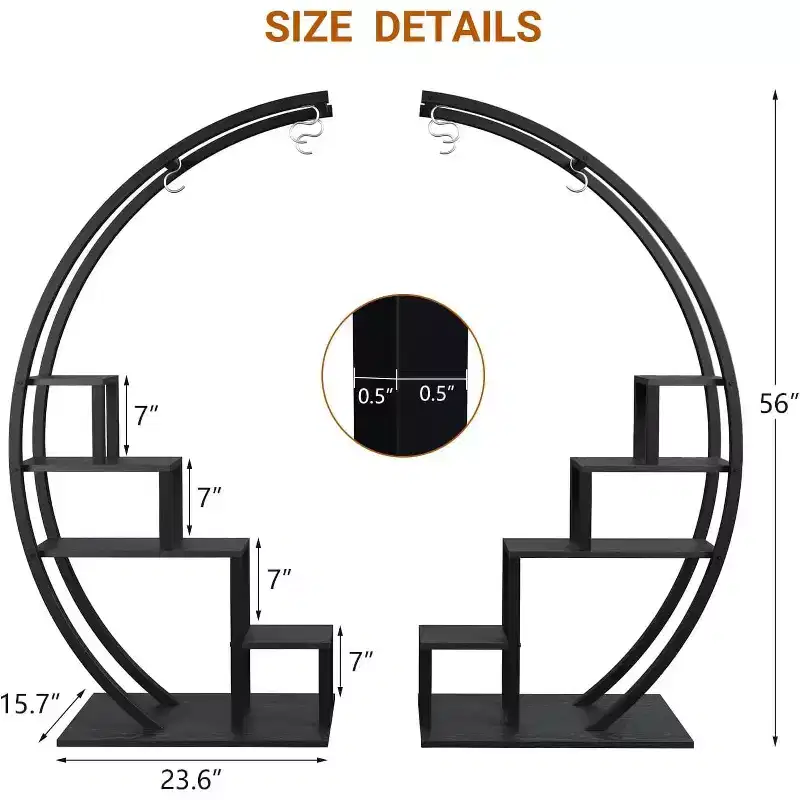 5-Tier Round Plant Stand, Half Moon Shape Indoor Metal Plant Holder, Flower Shelf Rack With 4 Hanging Hooks for Home Balcony Living Room Garden Decor