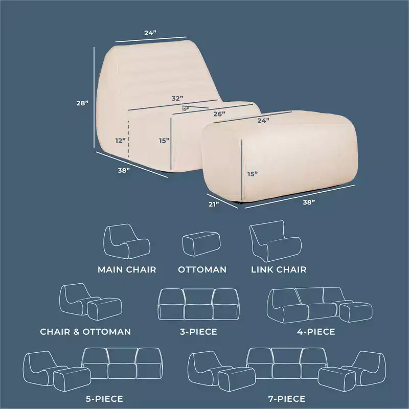 Big Joe Solvana Outdoor Patio Furniture Set, Performance Linen Weather-Resistant Fabric Chair and Ottoman, 2 Piece Sectional, Sunlit Cream