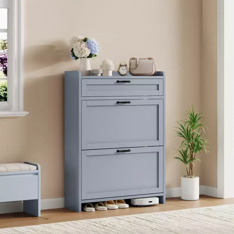 Shoe Storage Cabinet with 2 Flip Drawers, Freestanding Shoe Rack with Adjustable Shelf, Wood Hidden Shoe Organizer for Entryway, Living Room