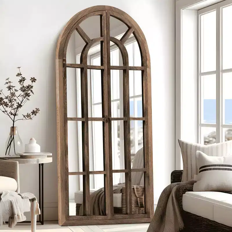 Full-Length Wall Mirror, Solid Wood Grid Arch Design, Openable, No Stand